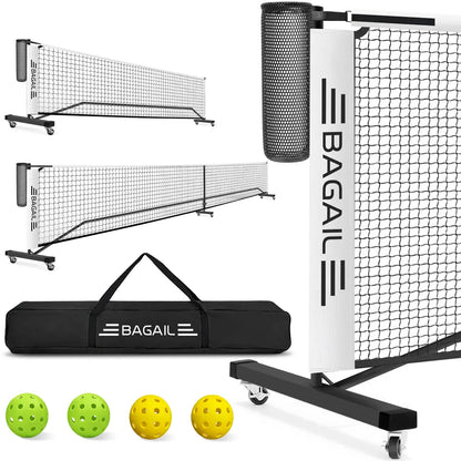 Bagail Portable Pickleball Net Set with Wheels - 22 FT Regulation Size & 11 FT Half Court Size, Includes Ball Collector, Carry Bag, 4 Pickleballs, Easy Setup for Indoor/Outdoor Use