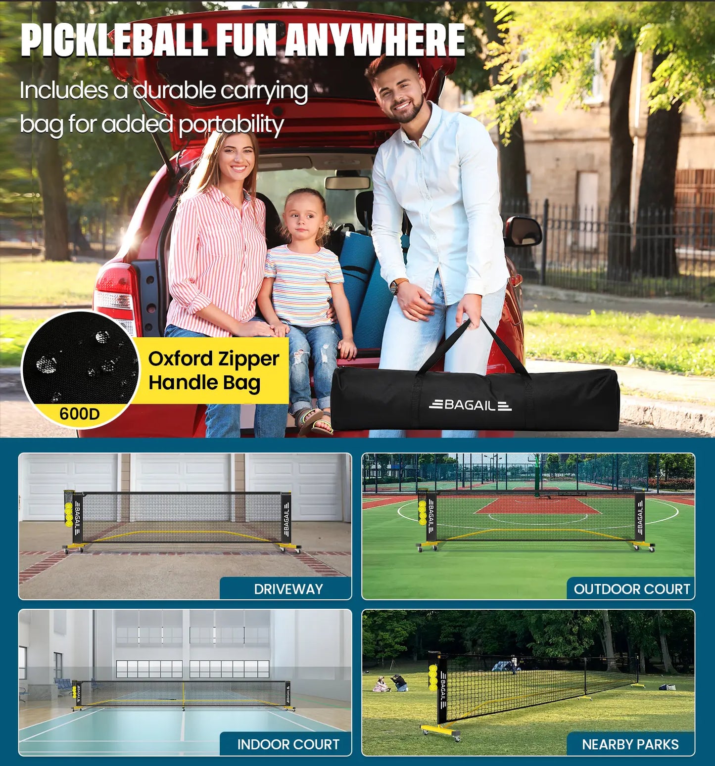 Bagail Portable Pickleball Net Set with Wheels - 22 FT Regulation Size & 11 FT Half Court Size, Includes Ball Collector, Carry Bag, 4 Pickleballs, Easy Setup for Indoor/Outdoor Use