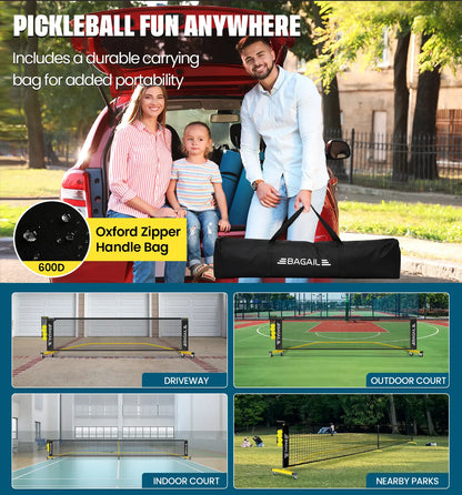 Bagail Portable Pickleball Net Set with Wheels - 22 FT Regulation Size & 11 FT Half Court Size, Includes Ball Collector, Carry Bag, 4 Pickleballs, Easy Setup for Indoor/Outdoor Use