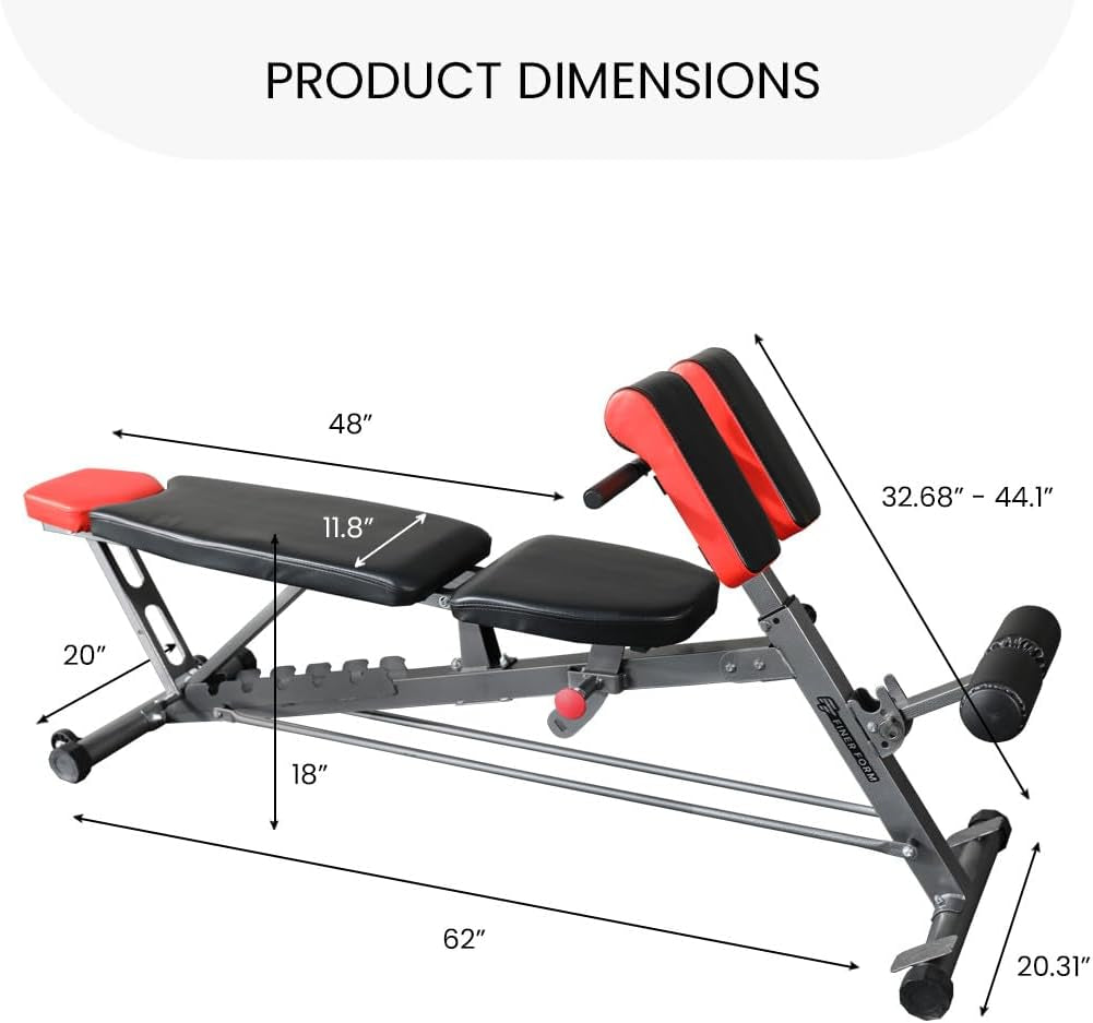 Finer Form Multi-Functional FID Weight Bench for Complete Full-Body Training – Features Hyper Back Extension, Roman Chair, Adjustable Ab Sit-Up Bench, Incline/Decline Bench, and Flat Bench
