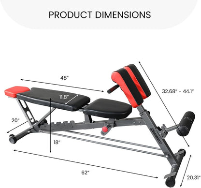 Finer Form Multi-Functional FID Weight Bench for Complete Full-Body Training – Features Hyper Back Extension, Roman Chair, Adjustable Ab Sit-Up Bench, Incline/Decline Bench, and Flat Bench