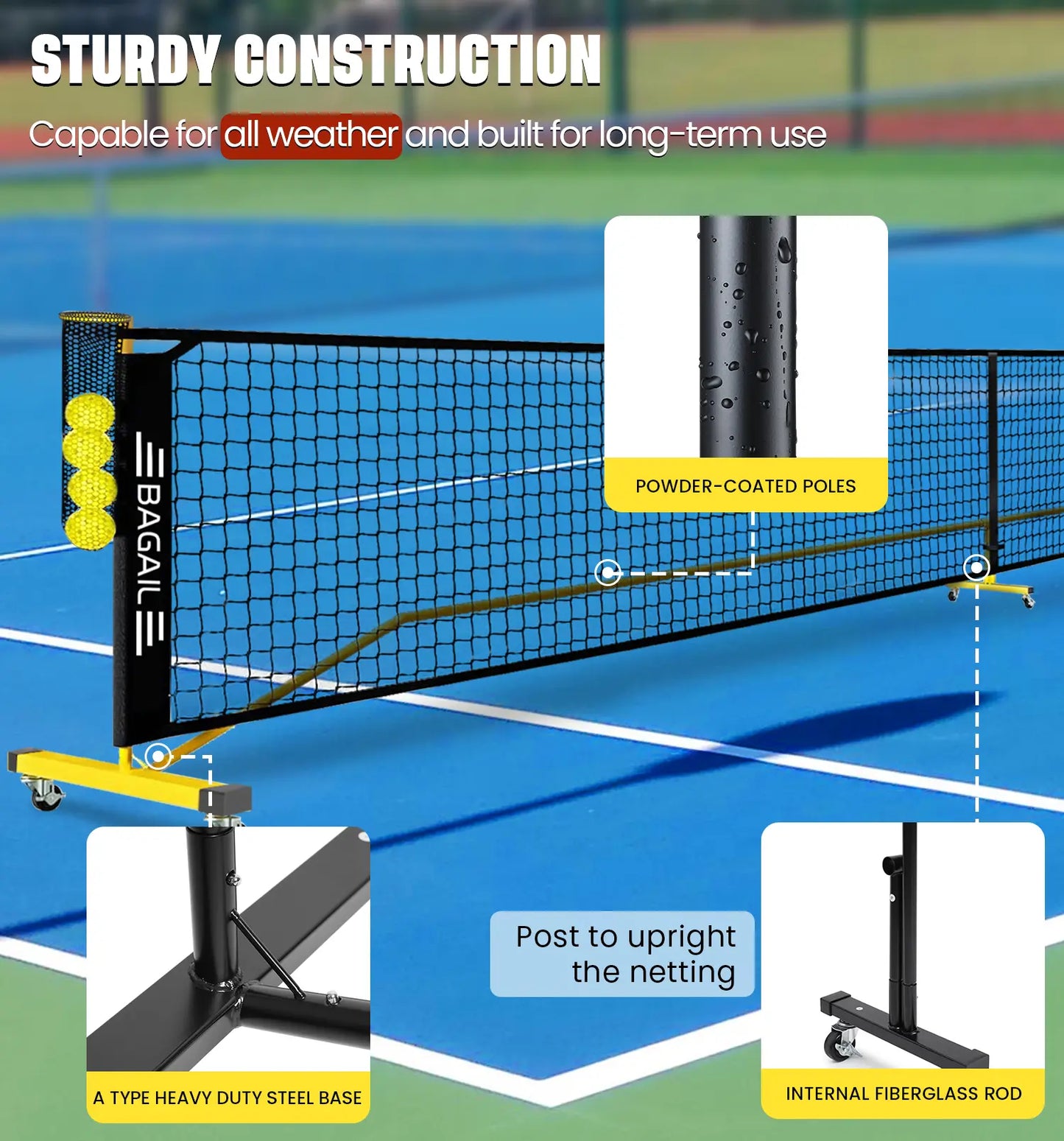 Bagail Portable Pickleball Net Set with Wheels - 22 FT Regulation Size & 11 FT Half Court Size, Includes Ball Collector, Carry Bag, 4 Pickleballs, Easy Setup for Indoor/Outdoor Use