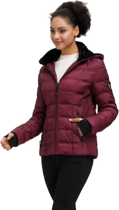 Women's Down Puffer Jacket - Warm Hooded Winter Coat with Faux-Fur Hood and Collar
