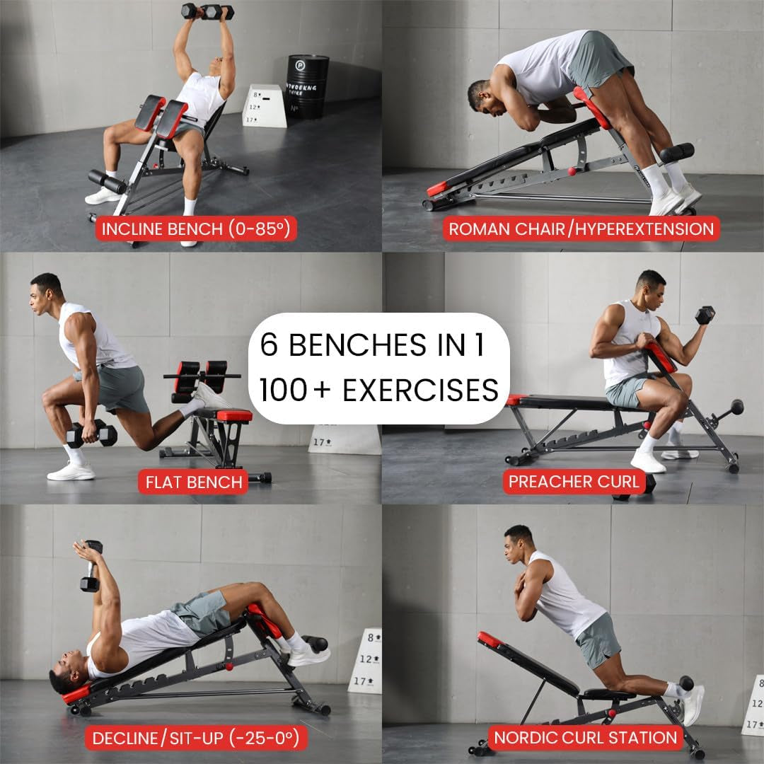 Finer Form Multi-Functional FID Weight Bench for Complete Full-Body Training – Features Hyper Back Extension, Roman Chair, Adjustable Ab Sit-Up Bench, Incline/Decline Bench, and Flat Bench