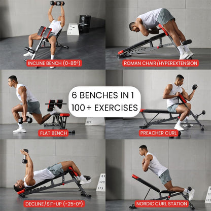 Finer Form Multi-Functional FID Weight Bench for Complete Full-Body Training – Features Hyper Back Extension, Roman Chair, Adjustable Ab Sit-Up Bench, Incline/Decline Bench, and Flat Bench