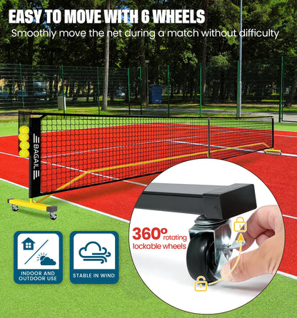 Bagail Portable Pickleball Net Set with Wheels - 22 FT Regulation Size & 11 FT Half Court Size, Includes Ball Collector, Carry Bag, 4 Pickleballs, Easy Setup for Indoor/Outdoor Use