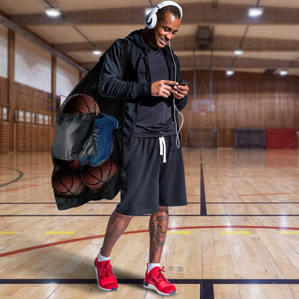 Extra Large Heavy-Duty Mesh Sports Ball Bag with Drawstring Closure and Shoulder Strap for Basketball, Volleyball, Baseball, and Swimming Equipment