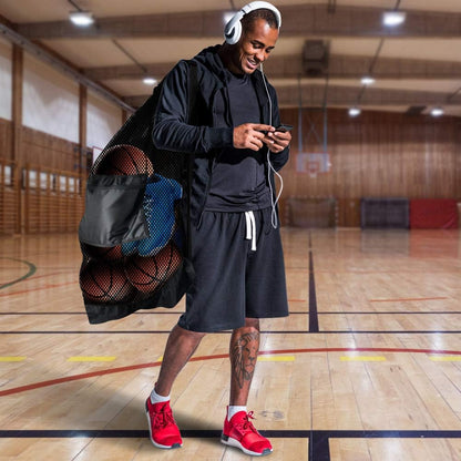 Extra Large Heavy-Duty Mesh Sports Ball Bag with Drawstring Closure and Shoulder Strap for Basketball, Volleyball, Baseball, and Swimming Equipment