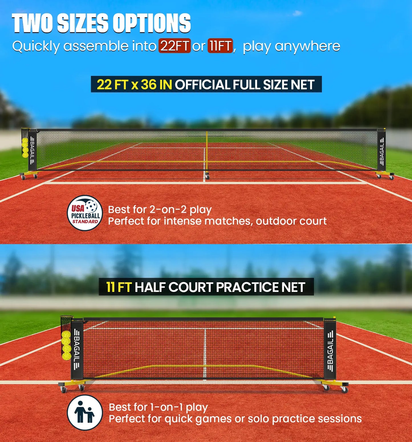 Bagail Portable Pickleball Net Set with Wheels - 22 FT Regulation Size & 11 FT Half Court Size, Includes Ball Collector, Carry Bag, 4 Pickleballs, Easy Setup for Indoor/Outdoor Use