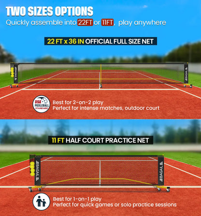 Bagail Portable Pickleball Net Set with Wheels - 22 FT Regulation Size & 11 FT Half Court Size, Includes Ball Collector, Carry Bag, 4 Pickleballs, Easy Setup for Indoor/Outdoor Use