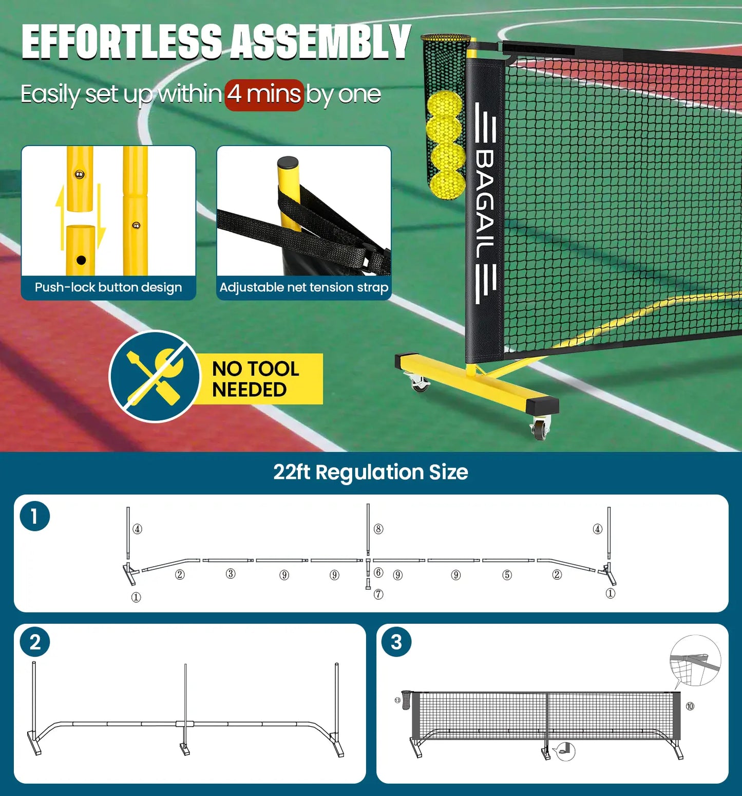 Bagail Portable Pickleball Net Set with Wheels - 22 FT Regulation Size & 11 FT Half Court Size, Includes Ball Collector, Carry Bag, 4 Pickleballs, Easy Setup for Indoor/Outdoor Use