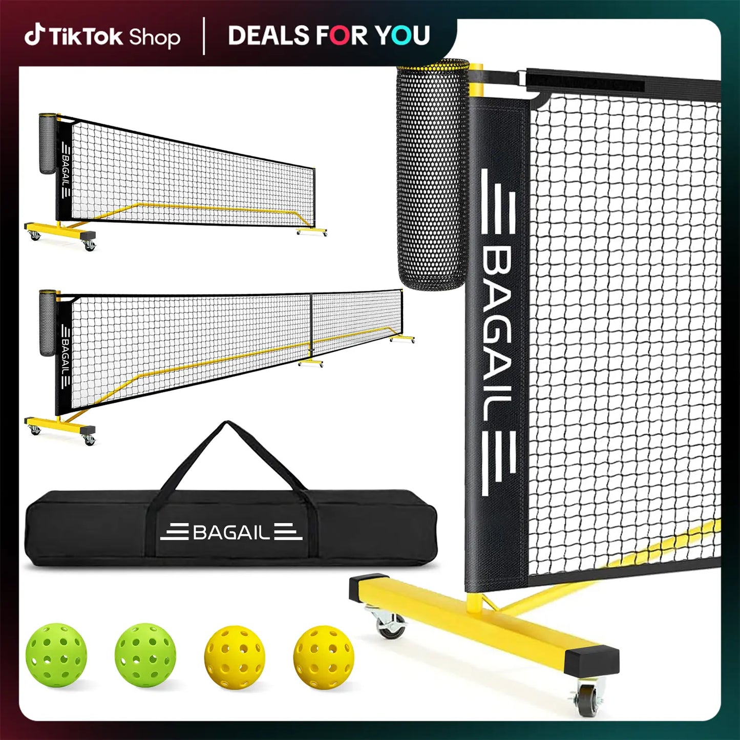 Bagail Portable Pickleball Net Set with Wheels - 22 FT Regulation Size & 11 FT Half Court Size, Includes Ball Collector, Carry Bag, 4 Pickleballs, Easy Setup for Indoor/Outdoor Use