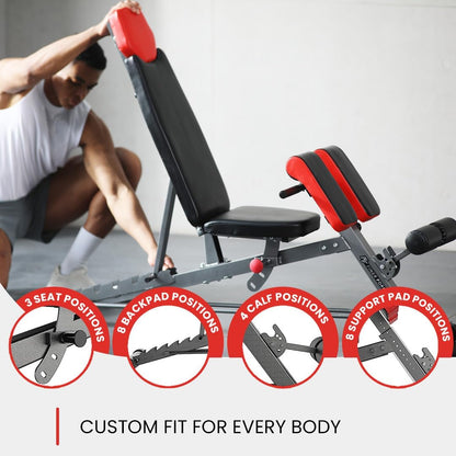 Finer Form Multi-Functional FID Weight Bench for Complete Full-Body Training – Features Hyper Back Extension, Roman Chair, Adjustable Ab Sit-Up Bench, Incline/Decline Bench, and Flat Bench