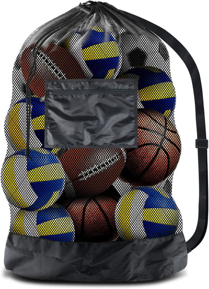 Extra Large Heavy-Duty Mesh Sports Ball Bag with Drawstring Closure and Shoulder Strap for Basketball, Volleyball, Baseball, and Swimming Equipment