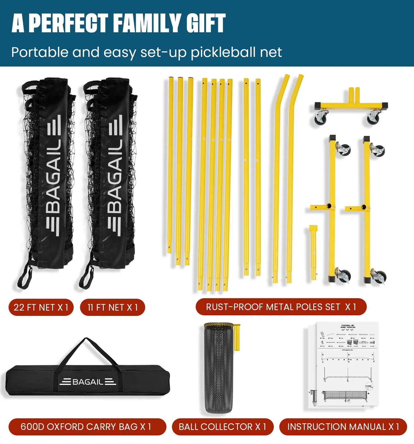 Bagail Portable Pickleball Net Set with Wheels - 22 FT Regulation Size & 11 FT Half Court Size, Includes Ball Collector, Carry Bag, 4 Pickleballs, Easy Setup for Indoor/Outdoor Use