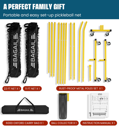 Bagail Portable Pickleball Net Set with Wheels - 22 FT Regulation Size & 11 FT Half Court Size, Includes Ball Collector, Carry Bag, 4 Pickleballs, Easy Setup for Indoor/Outdoor Use