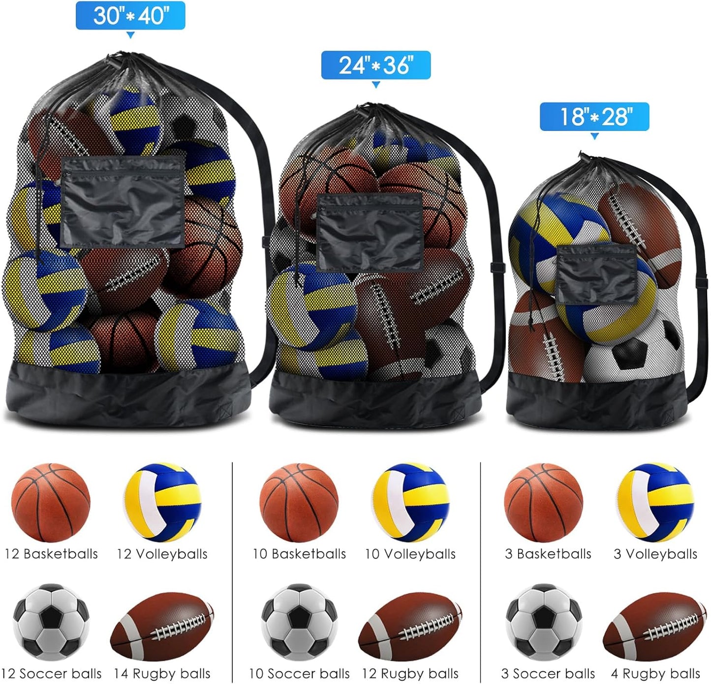 Extra Large Heavy-Duty Mesh Sports Ball Bag with Drawstring Closure and Shoulder Strap for Basketball, Volleyball, Baseball, and Swimming Equipment