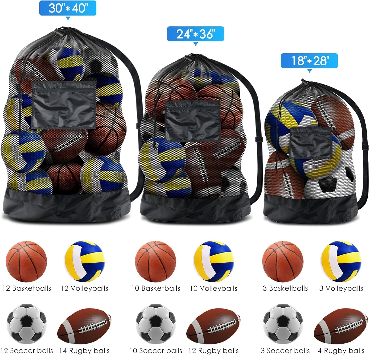 Extra Large Heavy-Duty Mesh Sports Ball Bag with Drawstring Closure and Shoulder Strap for Basketball, Volleyball, Baseball, and Swimming Equipment