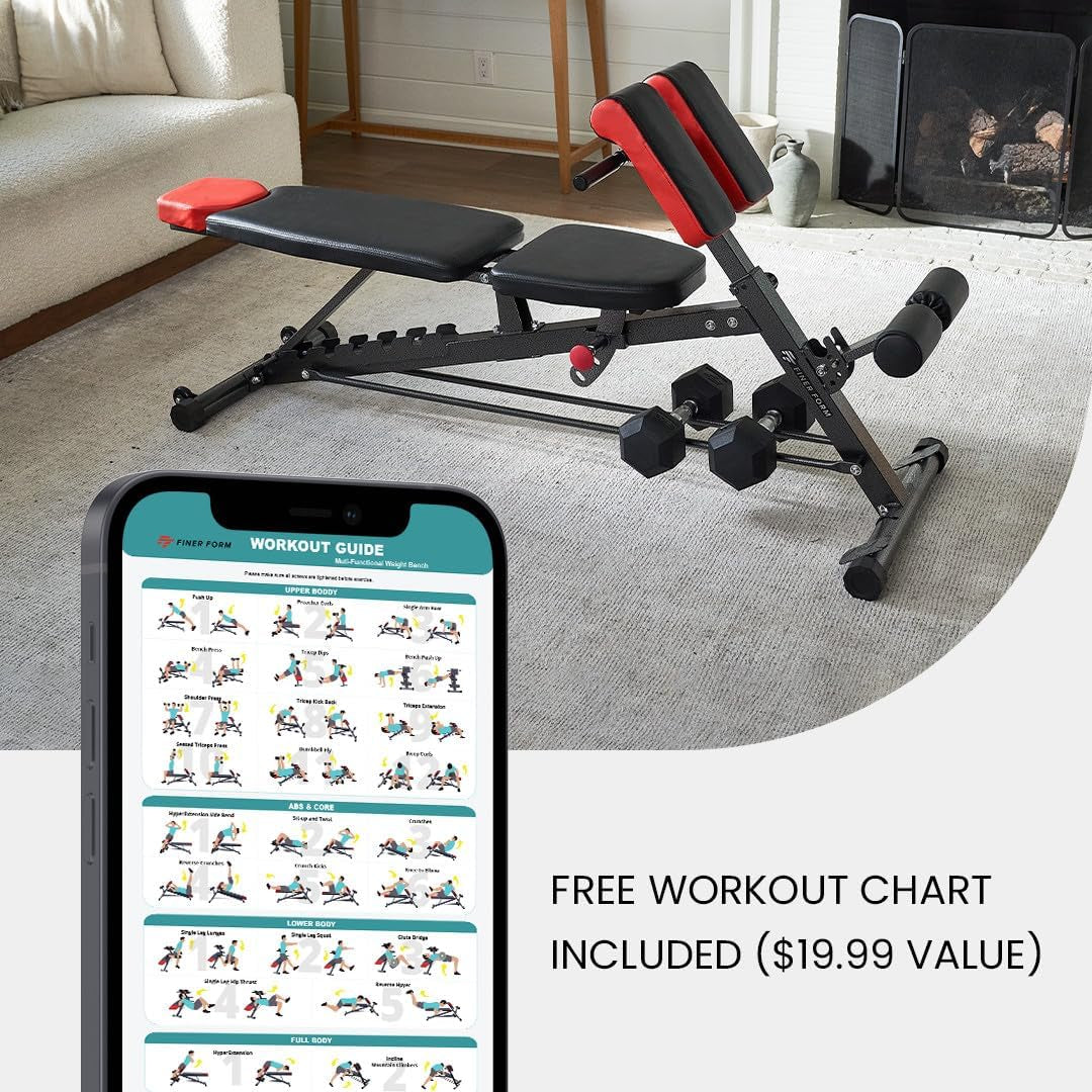 Finer Form Multi-Functional FID Weight Bench for Complete Full-Body Training – Features Hyper Back Extension, Roman Chair, Adjustable Ab Sit-Up Bench, Incline/Decline Bench, and Flat Bench