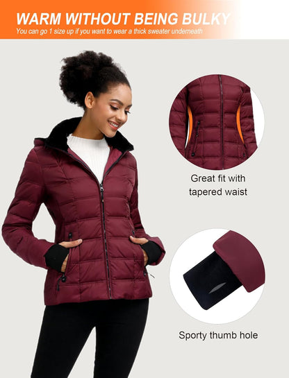 Women's Down Puffer Jacket - Warm Hooded Winter Coat with Faux-Fur Hood and Collar