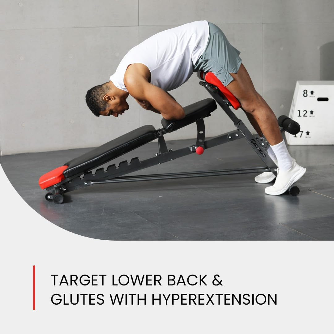 Finer Form Multi-Functional FID Weight Bench for Complete Full-Body Training – Features Hyper Back Extension, Roman Chair, Adjustable Ab Sit-Up Bench, Incline/Decline Bench, and Flat Bench