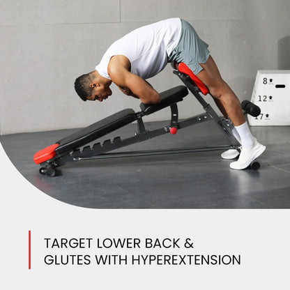 Finer Form Multi-Functional FID Weight Bench for Complete Full-Body Training – Features Hyper Back Extension, Roman Chair, Adjustable Ab Sit-Up Bench, Incline/Decline Bench, and Flat Bench