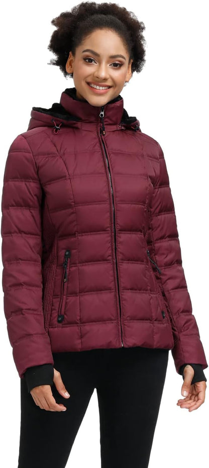 Women's Down Puffer Jacket - Warm Hooded Winter Coat with Faux-Fur Hood and Collar